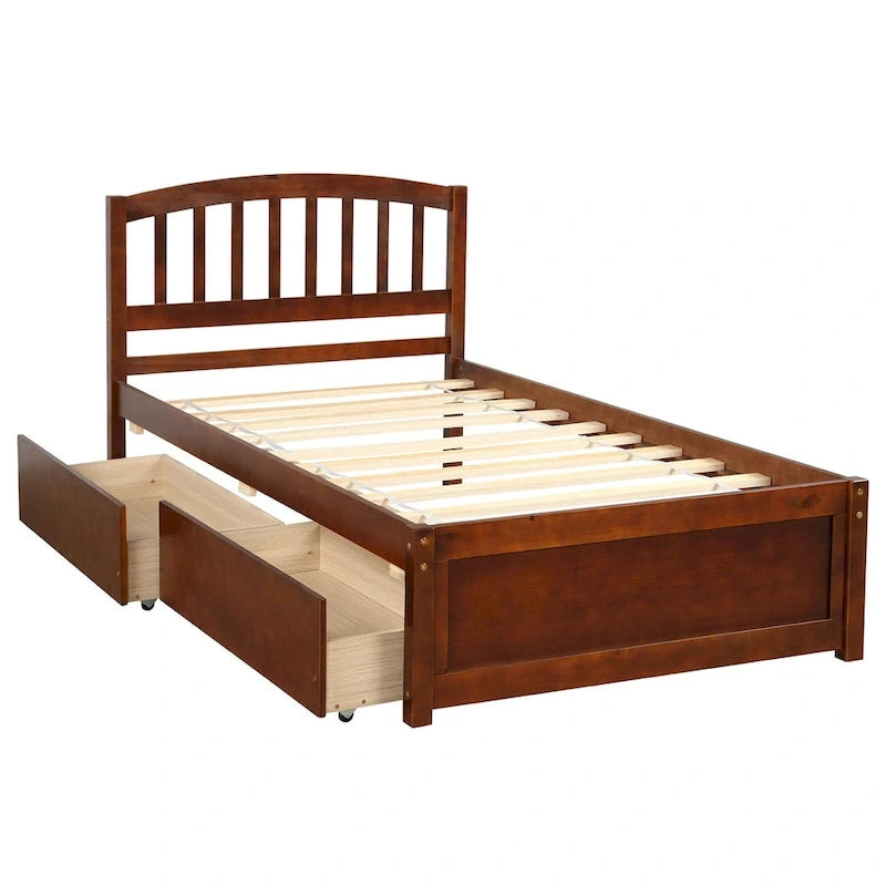 Lit plateforme double en bois avec tête de lit, 2 tiroirs de rangement et 10 lattes, coloris expresso/blanc/gris/noyer, pour 1 personne