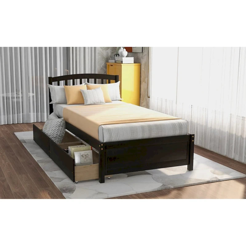 Lit plateforme double en bois avec tête de lit, 2 tiroirs de rangement et 10 lattes, coloris expresso/blanc/gris/noyer, pour 1 personne