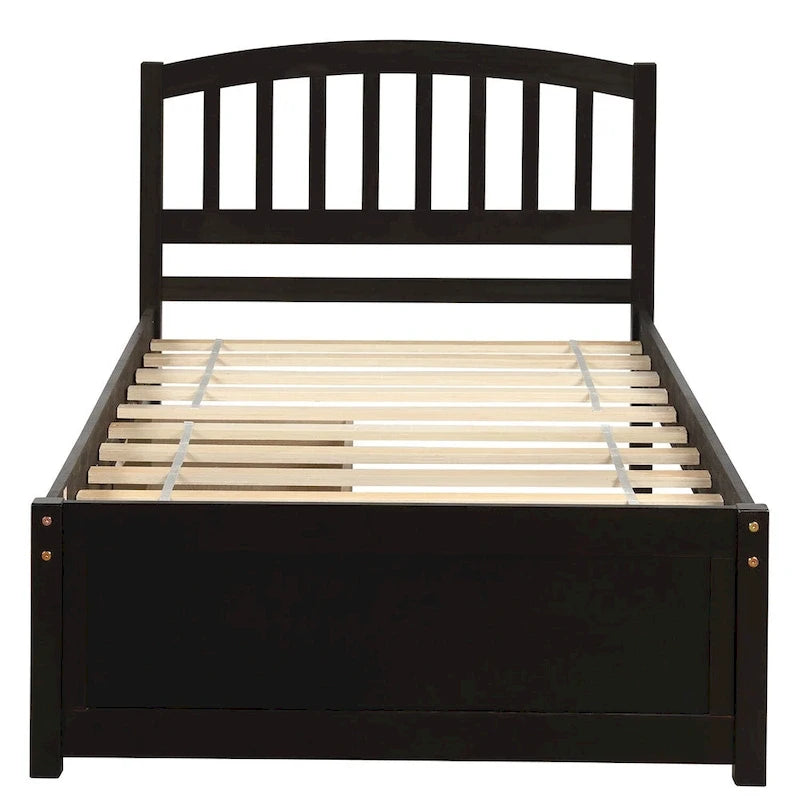 Lit plateforme double en bois avec tête de lit, 2 tiroirs de rangement et 10 lattes, coloris expresso/blanc/gris/noyer, pour 1 personne