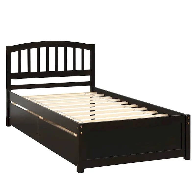 Lit plateforme double en bois avec tête de lit, 2 tiroirs de rangement et 10 lattes, coloris expresso/blanc/gris/noyer, pour 1 personne