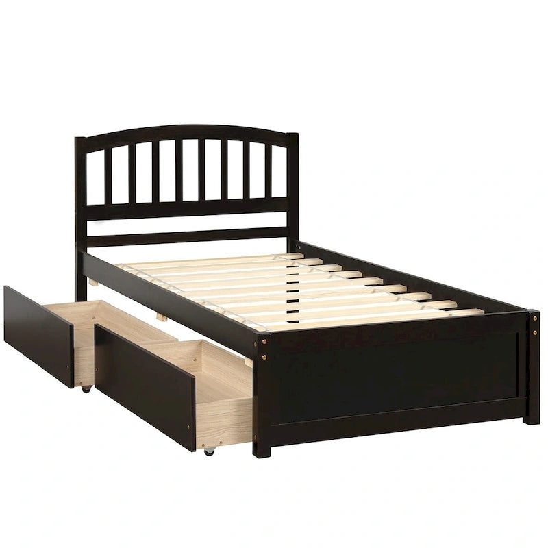 Lit plateforme double en bois avec tête de lit, 2 tiroirs de rangement et 10 lattes, coloris expresso/blanc/gris/noyer, pour 1 personne