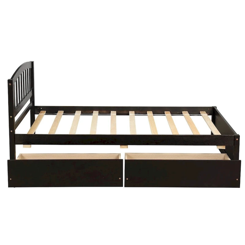 Lit plateforme double en bois avec tête de lit, 2 tiroirs de rangement et 10 lattes, coloris expresso/blanc/gris/noyer, pour 1 personne