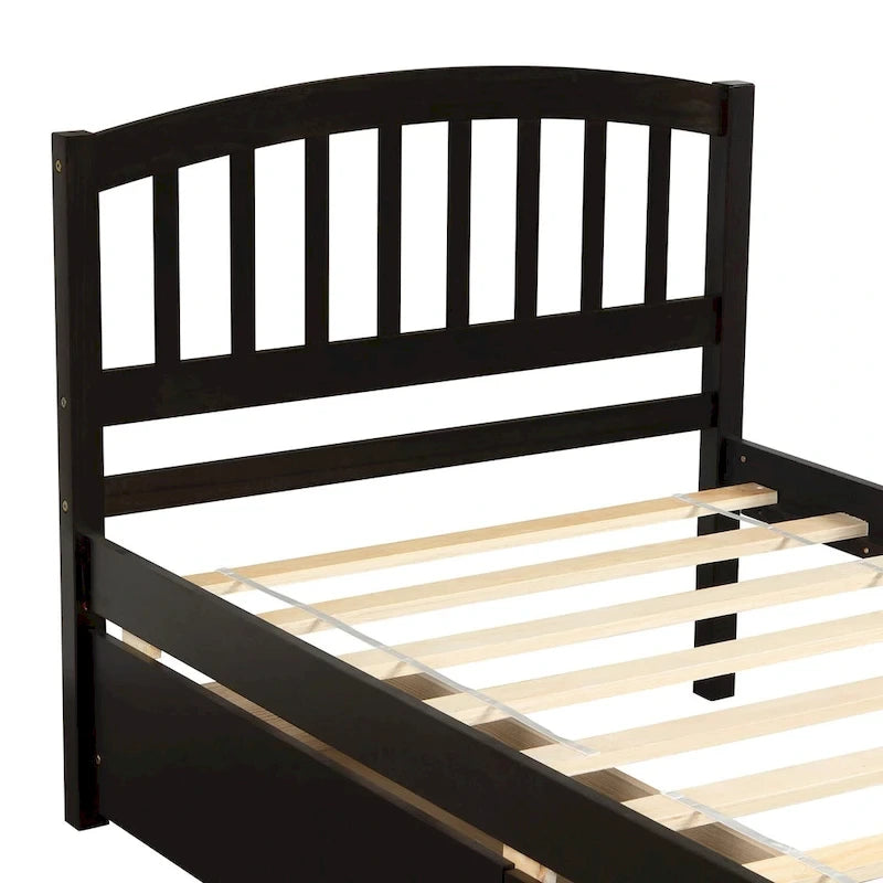 Lit plateforme double en bois avec tête de lit, 2 tiroirs de rangement et 10 lattes, coloris expresso/blanc/gris/noyer, pour 1 personne