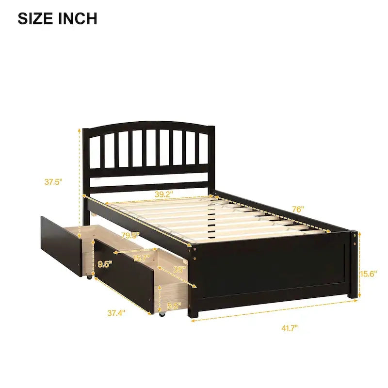 Lit plateforme double en bois avec tête de lit, 2 tiroirs de rangement et 10 lattes, coloris expresso/blanc/gris/noyer, pour 1 personne