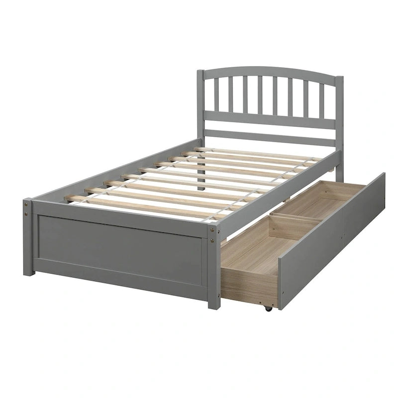 Lit plateforme double en bois avec tête de lit, 2 tiroirs de rangement et 10 lattes, coloris expresso/blanc/gris/noyer, pour 1 personne