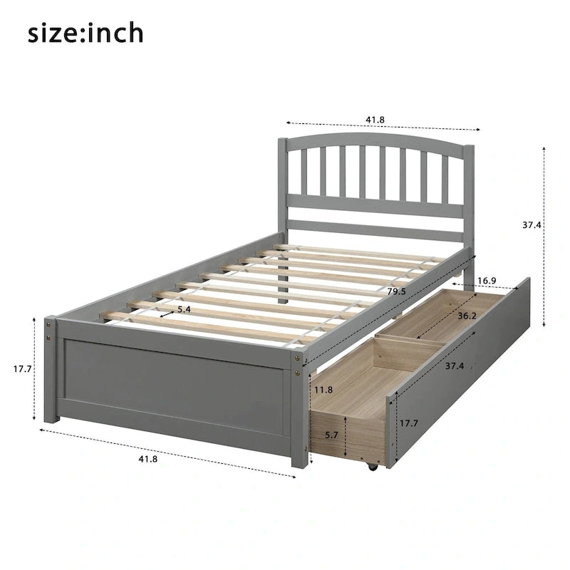 Lit plateforme double en bois avec tête de lit, 2 tiroirs de rangement et 10 lattes, coloris expresso/blanc/gris/noyer, pour 1 personne