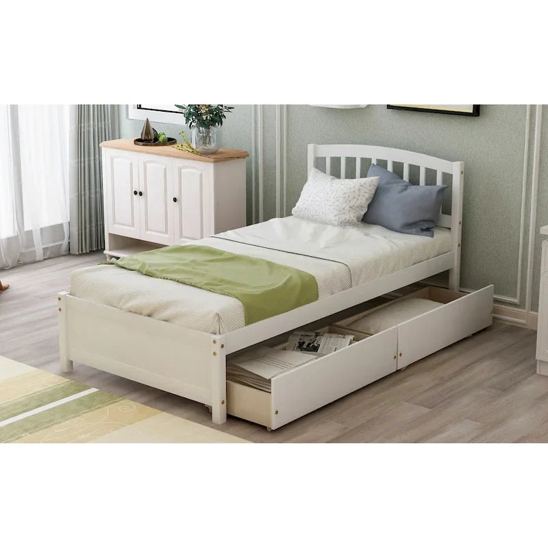 Lit plateforme double en bois avec tête de lit, 2 tiroirs de rangement et 10 lattes, coloris expresso/blanc/gris/noyer, pour 1 personne