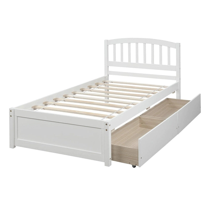 Lit plateforme double en bois avec tête de lit, 2 tiroirs de rangement et 10 lattes, coloris expresso/blanc/gris/noyer, pour 1 personne