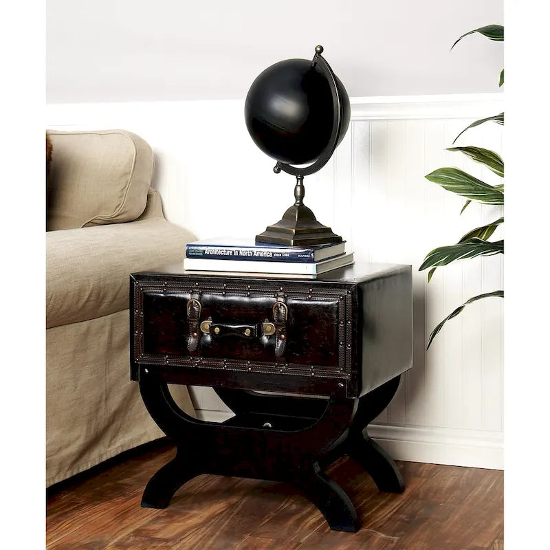 Table d'appoint en similicuir marron d'inspiration vintage avec tiroir unique, pieds incurvés et étagère centrale