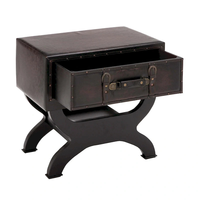 Table d'appoint en similicuir marron d'inspiration vintage avec tiroir unique, pieds incurvés et étagère centrale