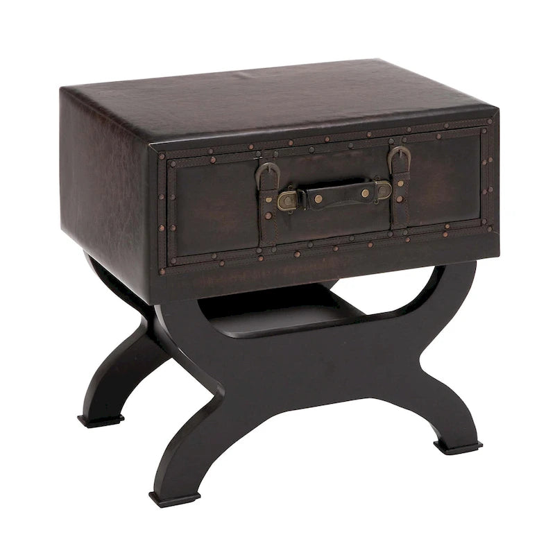 Table d'appoint en similicuir marron d'inspiration vintage avec tiroir unique, pieds incurvés et étagère centrale