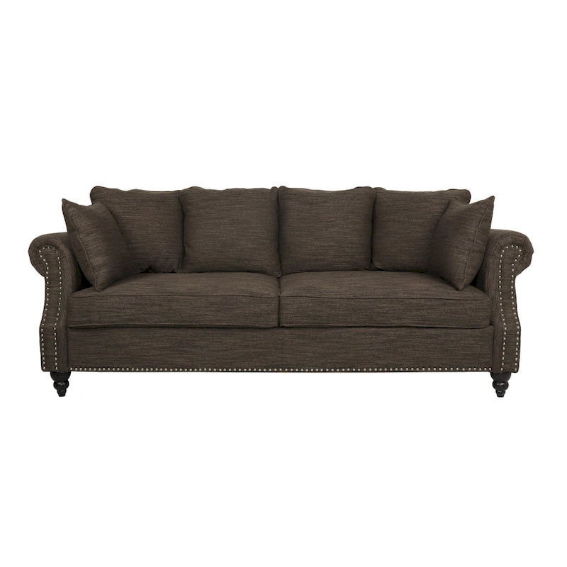 Canapé 3 places à coussins de dossier, beige/anthracite/marron et marron foncé, avec garniture cloutée et pieds en bouleau