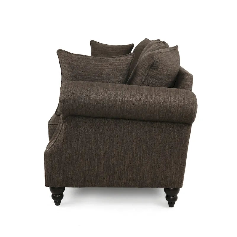 Canapé 3 places à coussins de dossier, beige/anthracite/marron et marron foncé, avec garniture cloutée et pieds en bouleau
