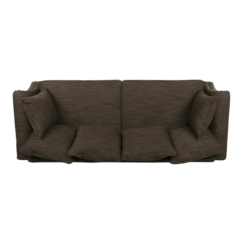 Canapé 3 places à coussins de dossier, beige/anthracite/marron et marron foncé, avec garniture cloutée et pieds en bouleau