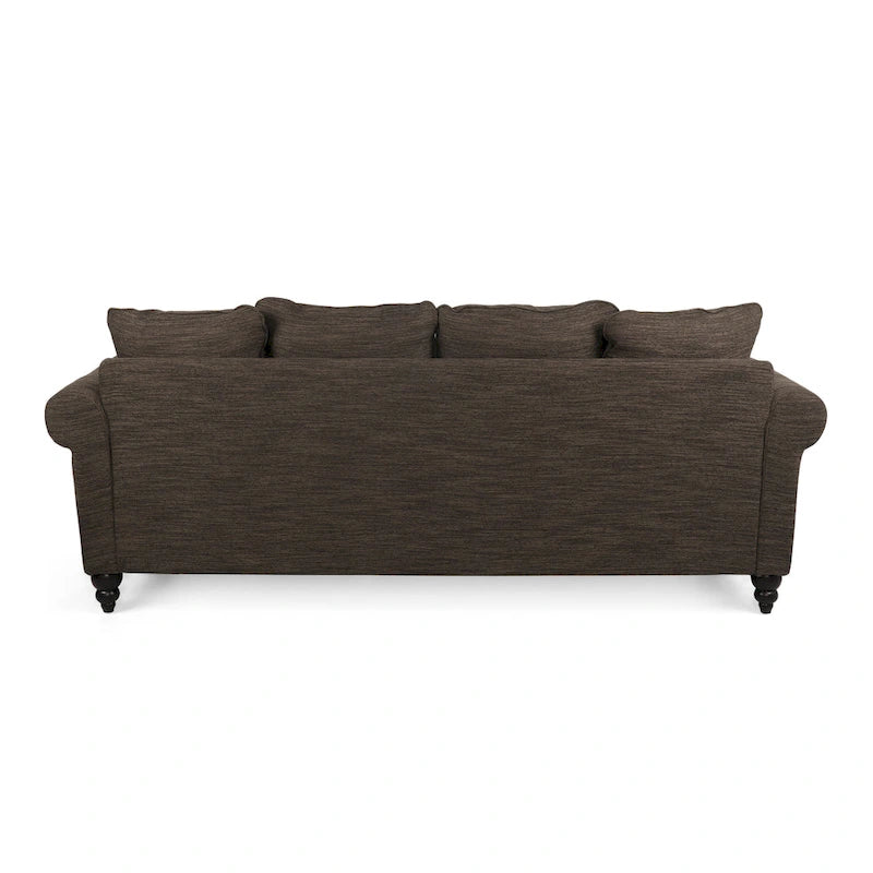 Canapé 3 places à coussins de dossier, beige/anthracite/marron et marron foncé, avec garniture cloutée et pieds en bouleau