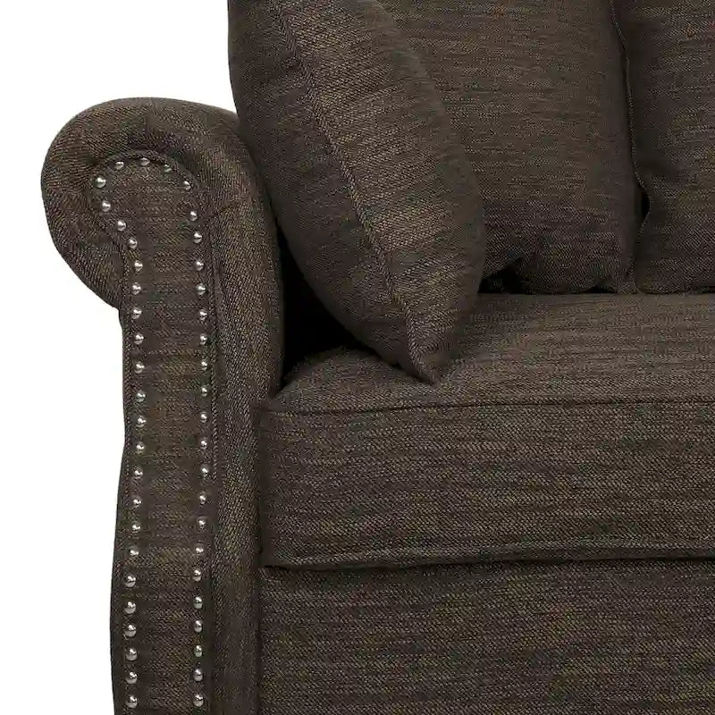 Canapé 3 places à coussins de dossier, beige/anthracite/marron et marron foncé, avec garniture cloutée et pieds en bouleau