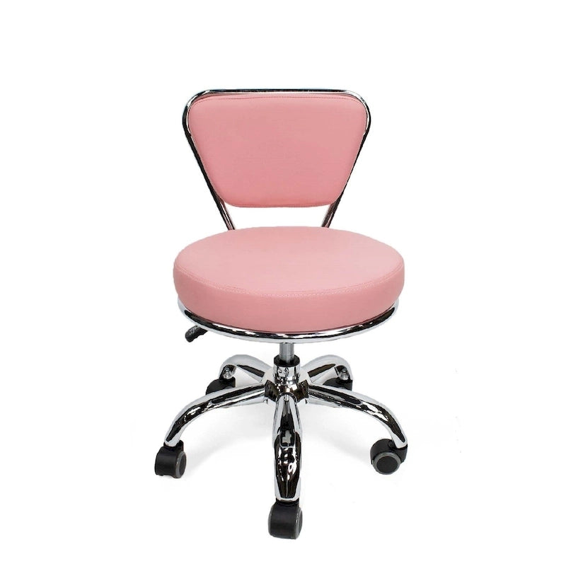 Tabouret de pédicure rose réglable en hauteur avec dossier et assise en mousse à mémoire de forme, base chromée et 5 roulettes, pour 1 personne
