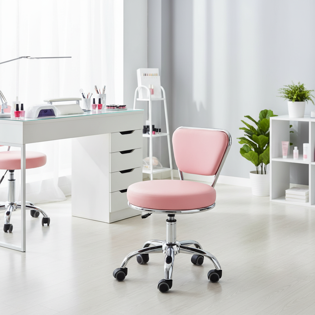 Tabouret de pédicure rose réglable en hauteur avec dossier et assise en mousse à mémoire de forme, base chromée et 5 roulettes, pour 1 personne