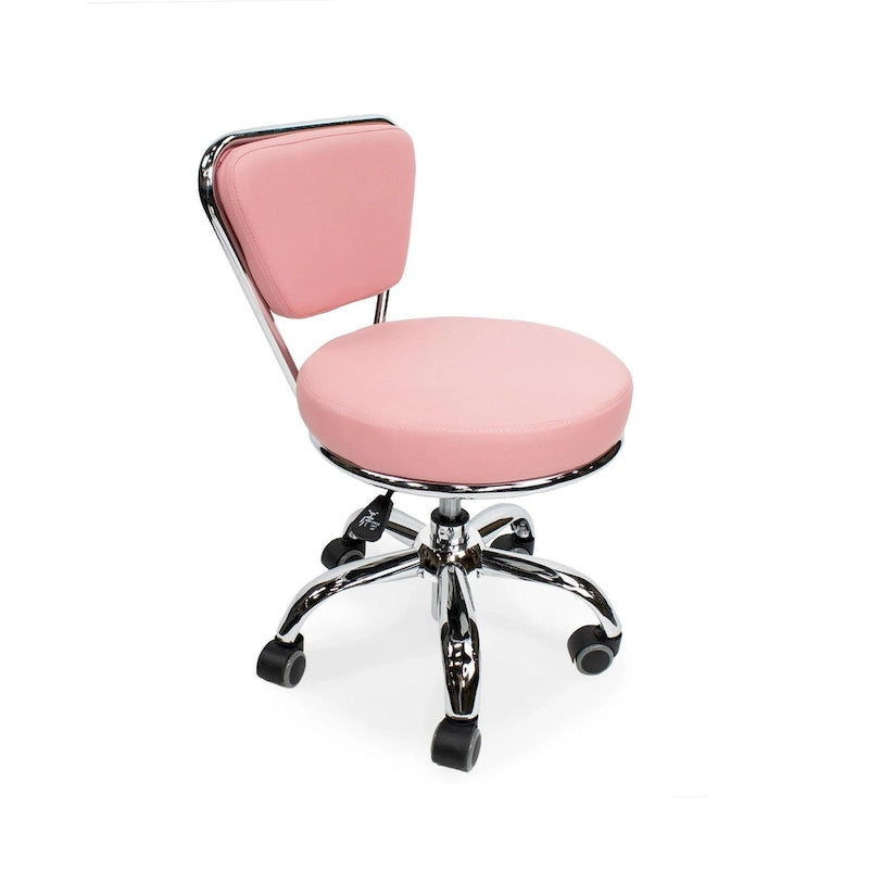 Tabouret de pédicure rose réglable en hauteur avec dossier et assise en mousse à mémoire de forme, base chromée et 5 roulettes, pour 1 personne