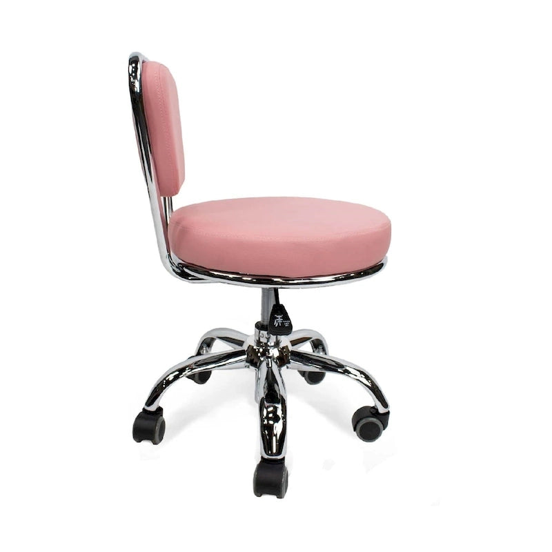 Tabouret de pédicure rose réglable en hauteur avec dossier et assise en mousse à mémoire de forme, base chromée et 5 roulettes, pour 1 personne