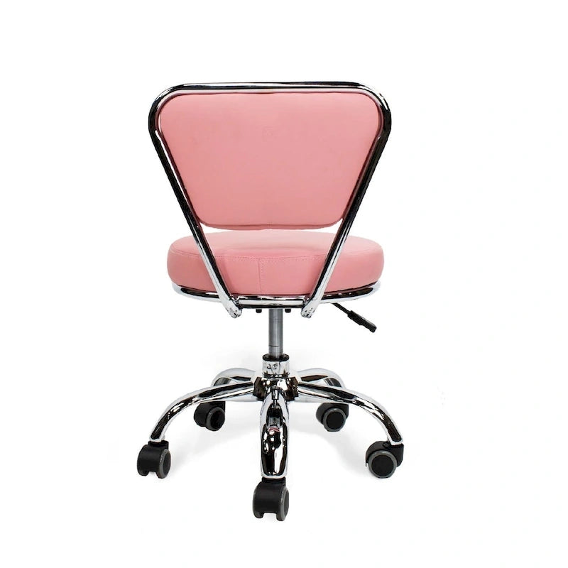 Tabouret de pédicure rose réglable en hauteur avec dossier et assise en mousse à mémoire de forme, base chromée et 5 roulettes, pour 1 personne