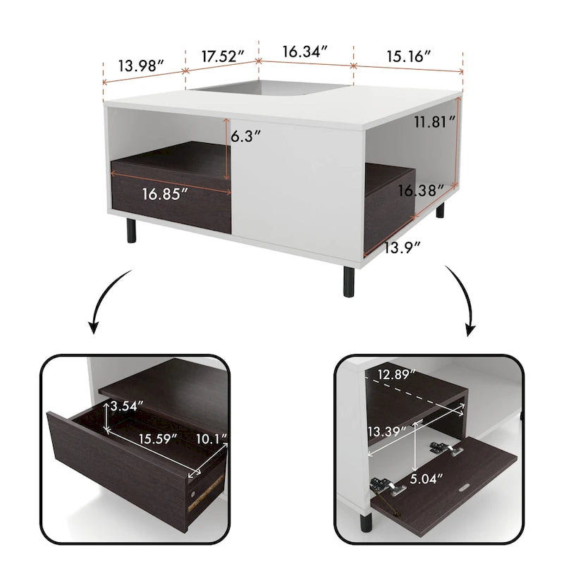 Table basse carrée blanche avec lumières LED 16 couleurs, tiroir et étagère rabattable