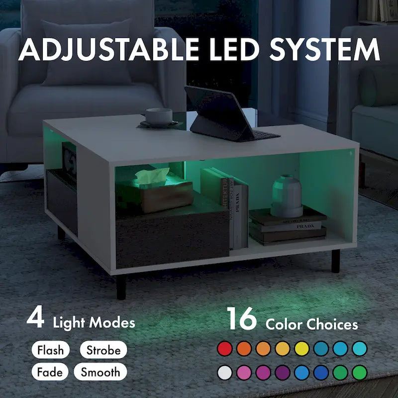 Table basse carrée blanche avec lumières LED 16 couleurs, tiroir et étagère rabattable