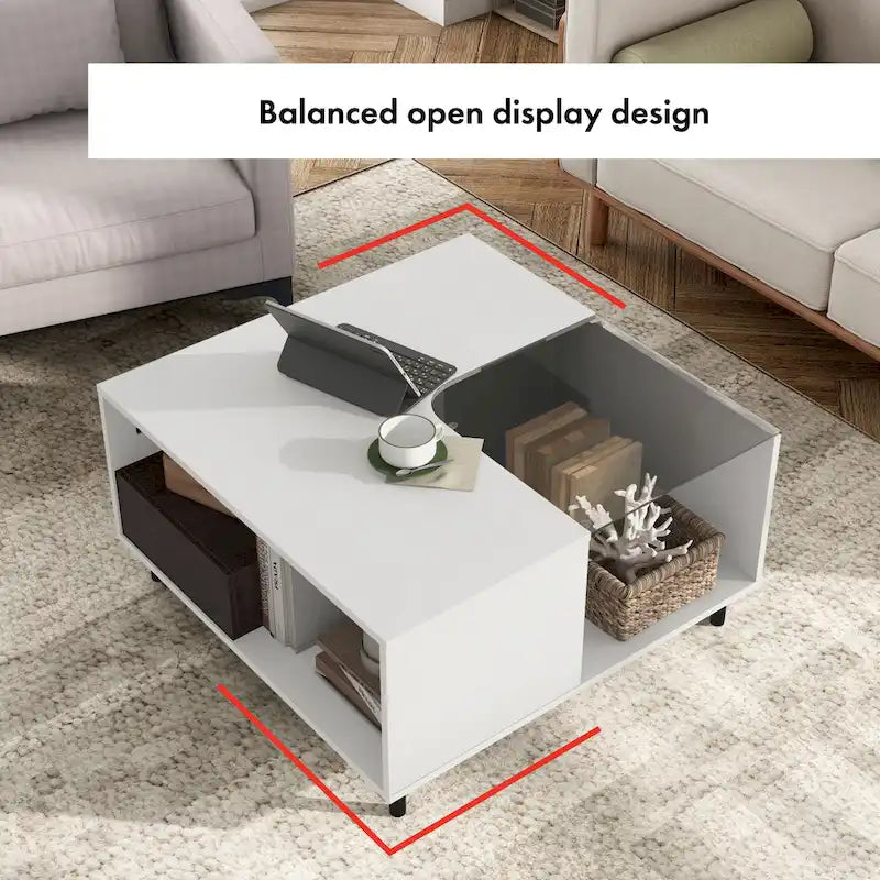 Table basse carrée blanche avec lumières LED 16 couleurs, tiroir et étagère rabattable