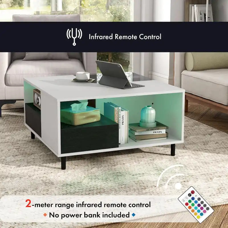 Table basse carrée blanche avec lumières LED 16 couleurs, tiroir et étagère rabattable