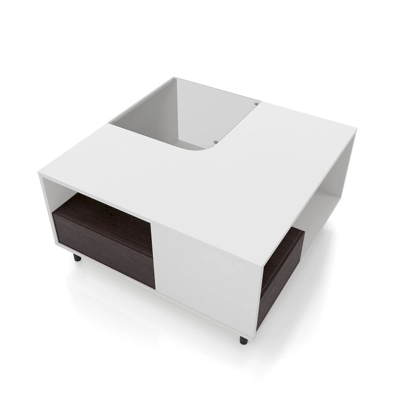 Table basse carrée blanche avec lumières LED 16 couleurs, tiroir et étagère rabattable