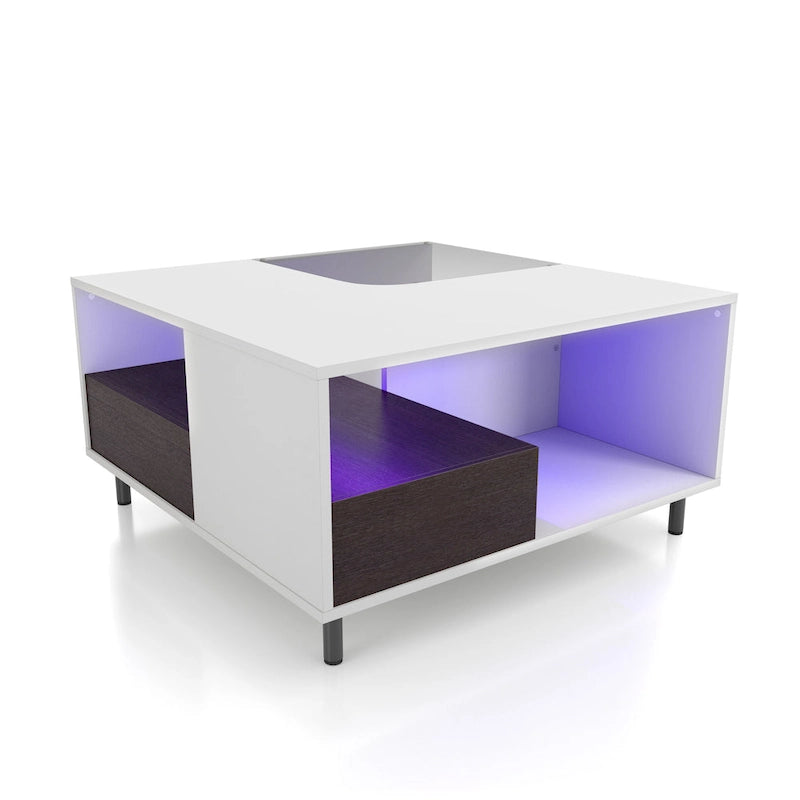 Table basse carrée blanche avec lumières LED 16 couleurs, tiroir et étagère rabattable