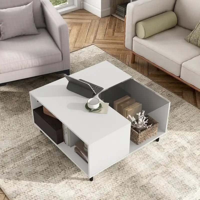 Table basse carrée blanche avec lumières LED 16 couleurs, tiroir et étagère rabattable