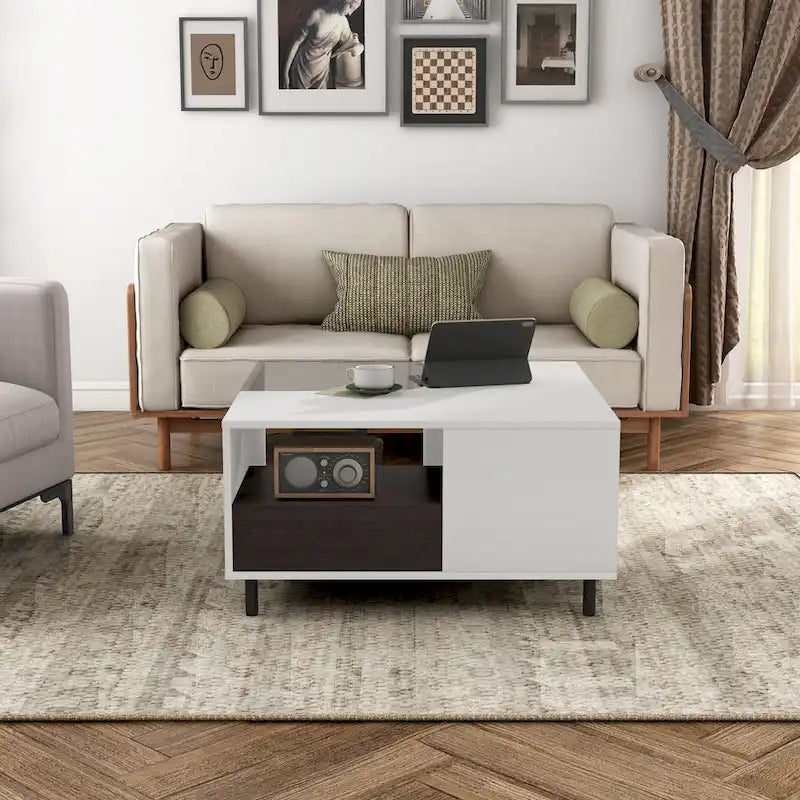 Table basse carrée blanche avec lumières LED 16 couleurs, tiroir et étagère rabattable