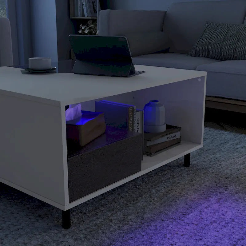 Table basse carrée blanche avec lumières LED 16 couleurs, tiroir et étagère rabattable