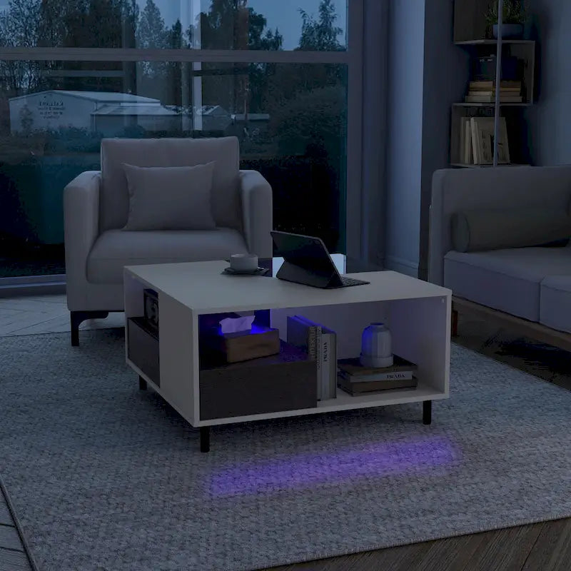 Table basse carrée blanche avec lumières LED 16 couleurs, tiroir et étagère rabattable