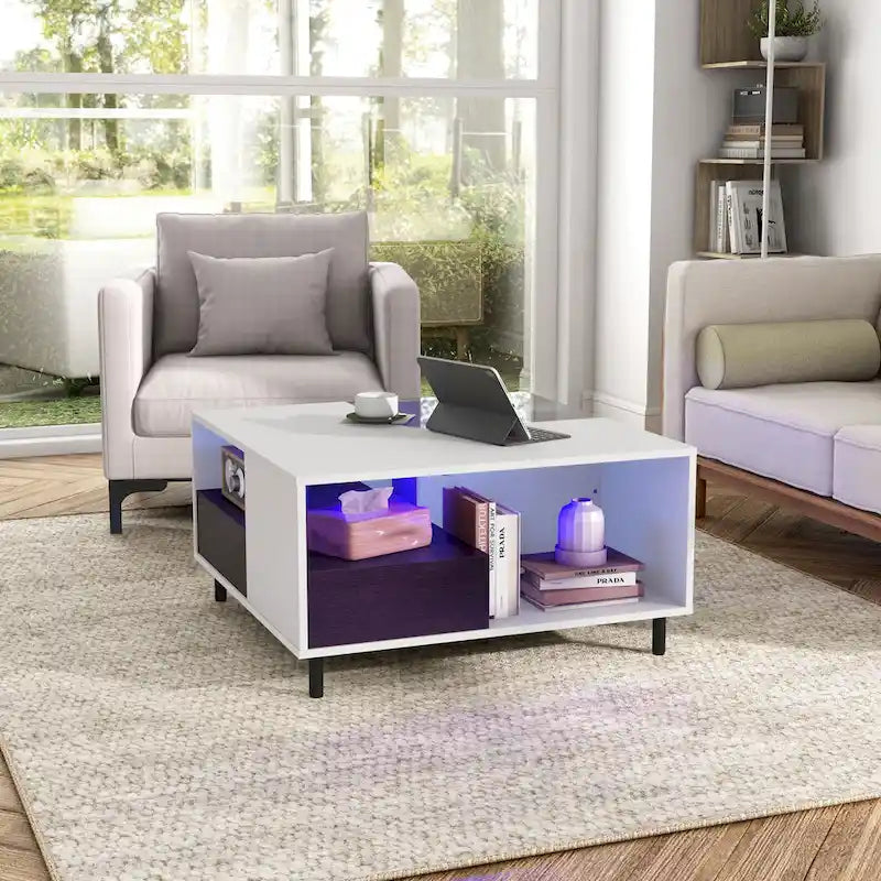 Table basse carrée blanche avec lumières LED 16 couleurs, tiroir et étagère rabattable
