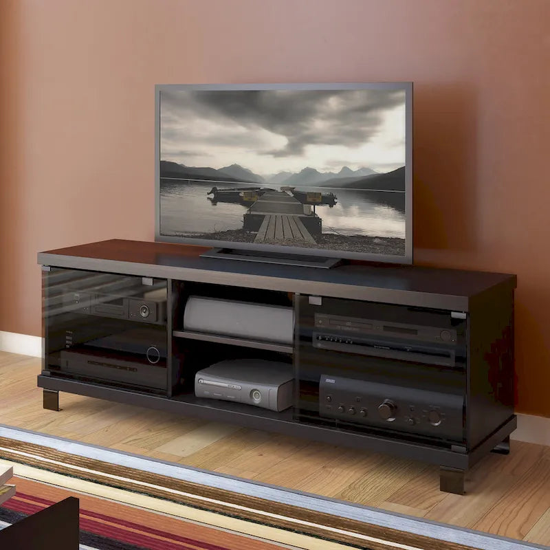Meuble TV noir avec portes en verre trempé teinté, étagères réglables et gestion des câbles, convient aux TV jusqu'à 75"