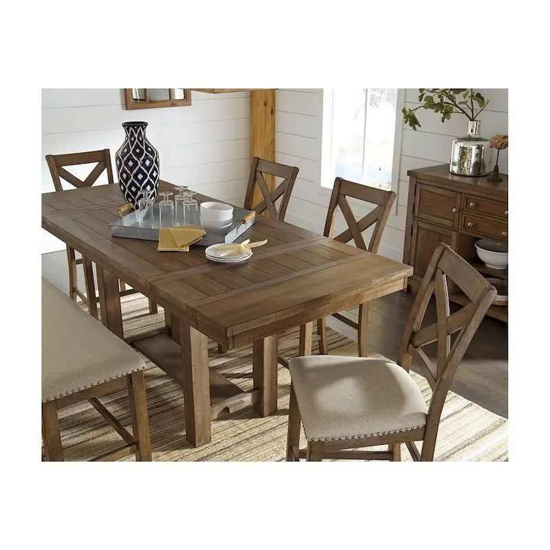Table à dîner extensible hauteur comptoir marron avec piédestal à tenon traversant et plateau effet planche, pour 4 à 8 personnes