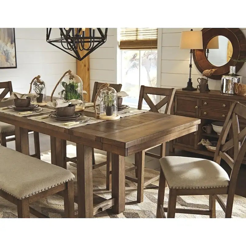 Table à dîner extensible hauteur comptoir marron avec piédestal à tenon traversant et plateau effet planche, pour 4 à 8 personnes