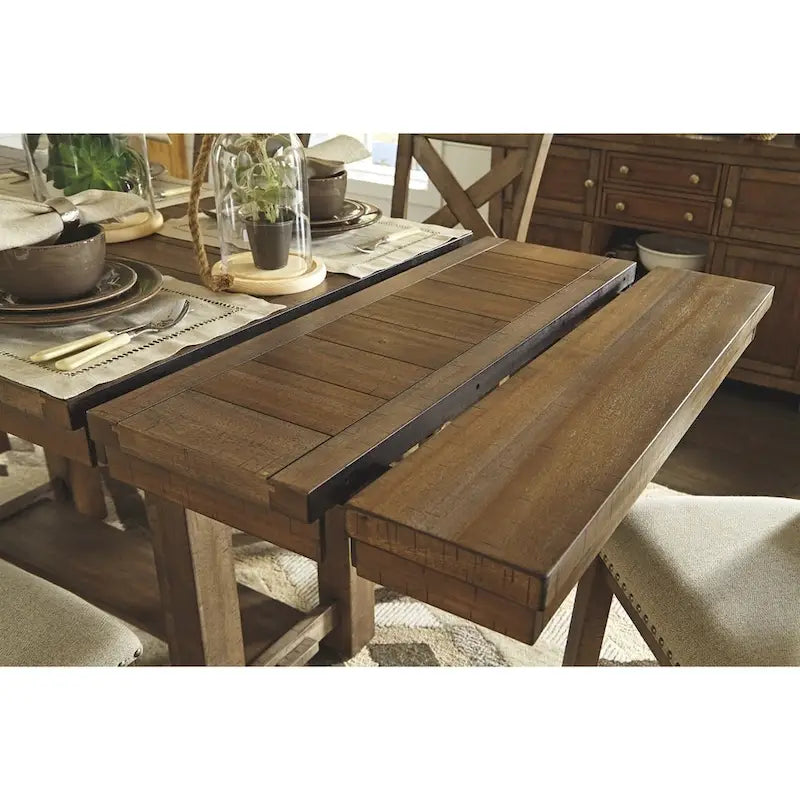 Table à dîner extensible hauteur comptoir marron avec piédestal à tenon traversant et plateau effet planche, pour 4 à 8 personnes