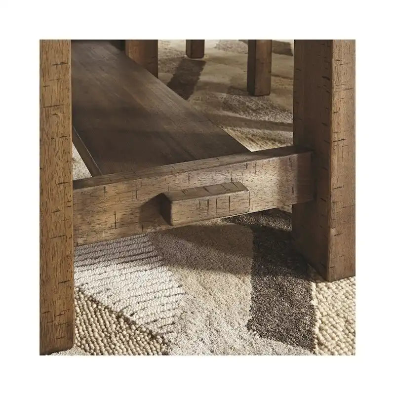 Table à dîner extensible hauteur comptoir marron avec piédestal à tenon traversant et plateau effet planche, pour 4 à 8 personnes