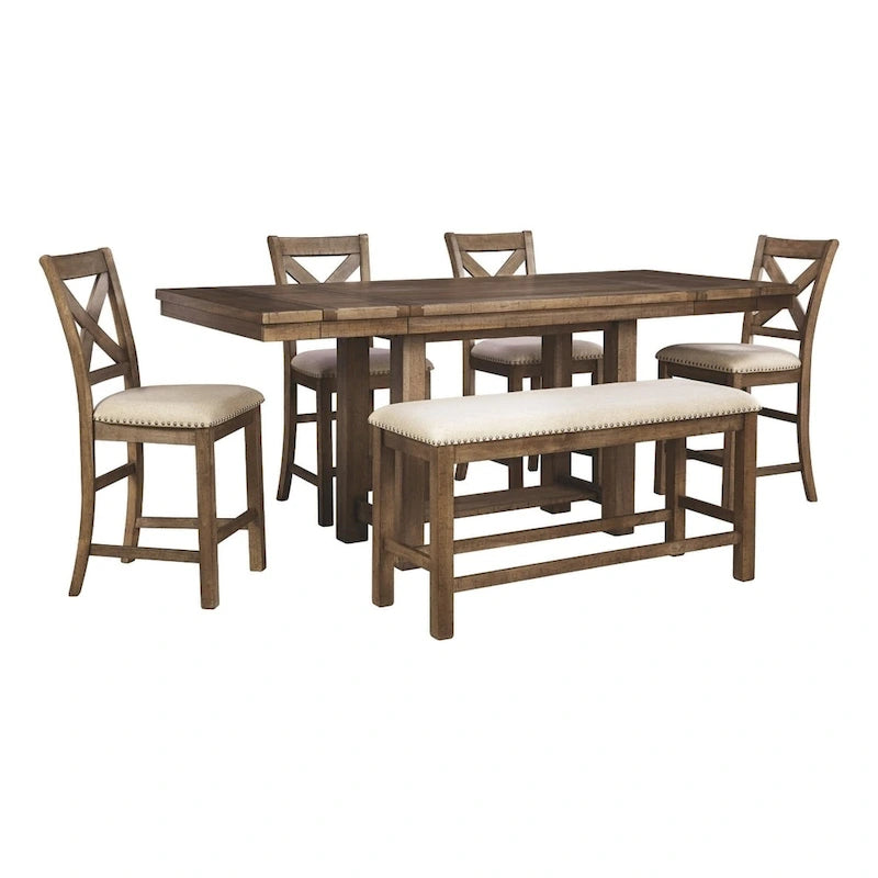 Table à dîner extensible hauteur comptoir marron avec piédestal à tenon traversant et plateau effet planche, pour 4 à 8 personnes