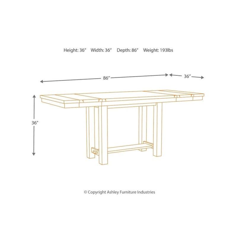 Table à dîner extensible hauteur comptoir marron avec piédestal à tenon traversant et plateau effet planche, pour 4 à 8 personnes