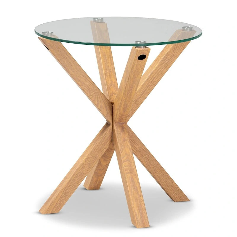 Table d'appoint ronde en verre transparent et naturel avec piètement sculptural en métal à grain de bois