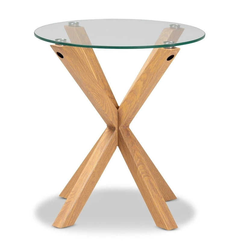 Table d'appoint ronde en verre transparent et naturel avec piètement sculptural en métal à grain de bois
