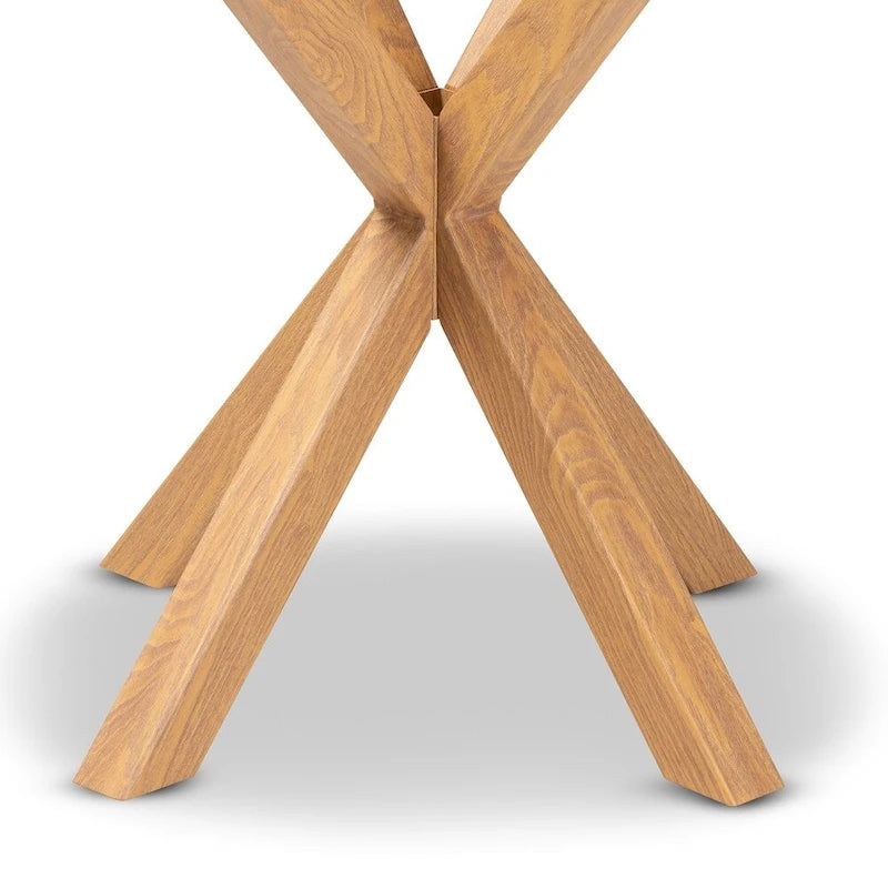 Table d'appoint ronde en verre transparent et naturel avec piètement sculptural en métal à grain de bois