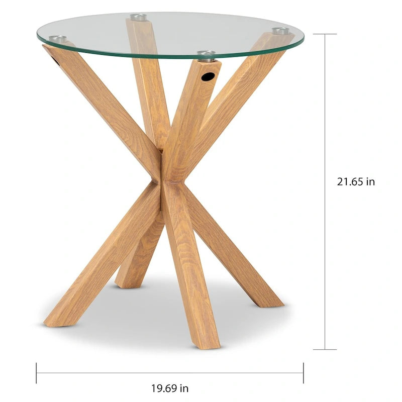 Table d'appoint ronde en verre transparent et naturel avec piètement sculptural en métal à grain de bois
