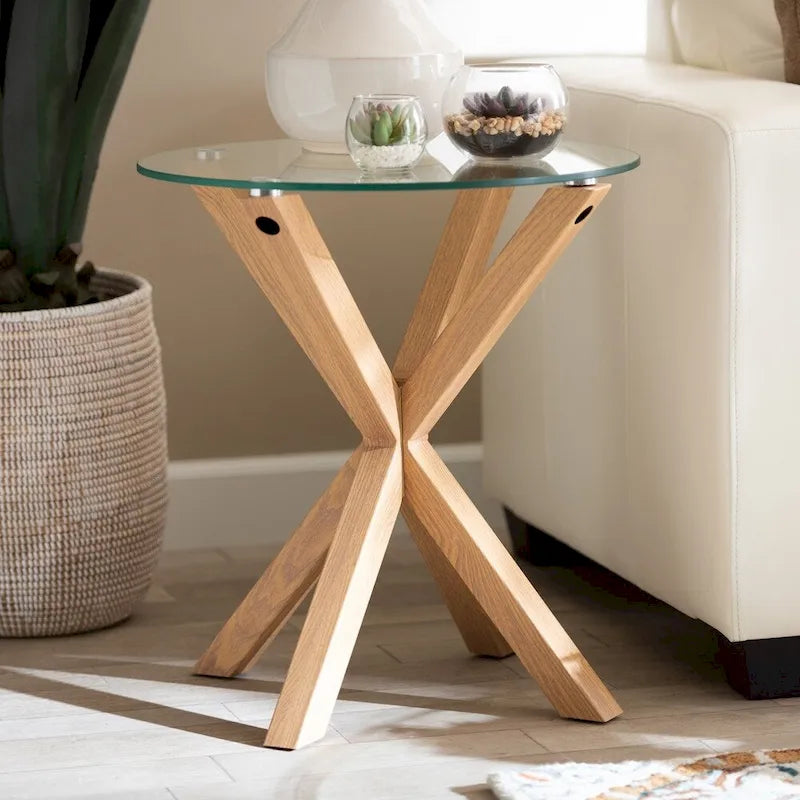Table d'appoint ronde en verre transparent et naturel avec piètement sculptural en métal à grain de bois