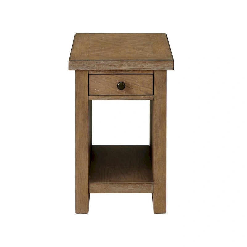 Table d'appoint en chêne patiné marron avec 1 tiroir, étagère fixe et quincaillerie en bronze antique