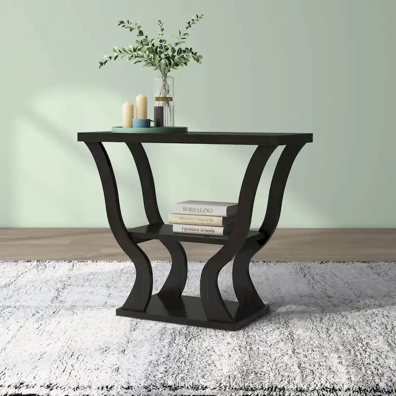 Console de salon transitionnelle expresso avec étagère ouverte et profil effilé, 99 cm